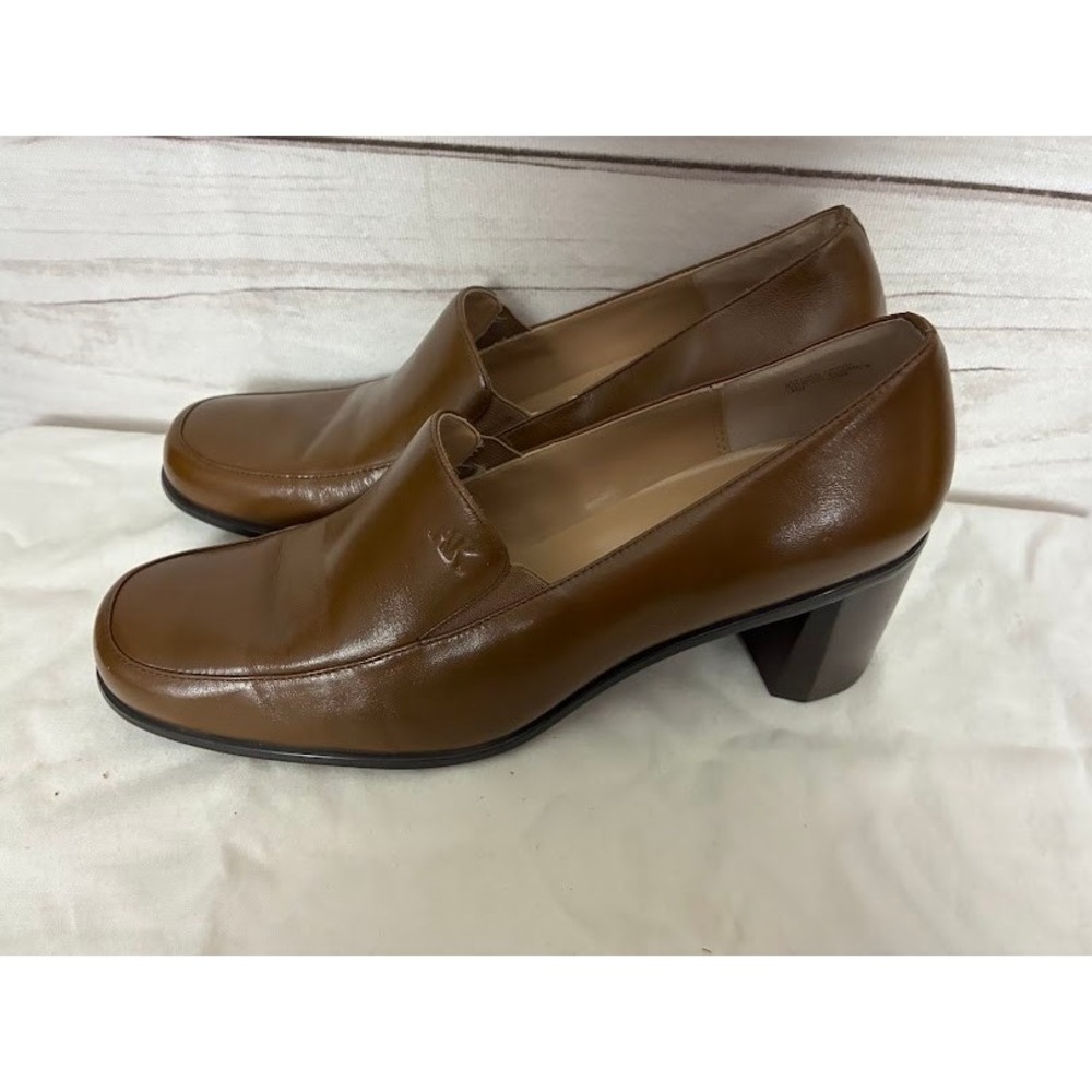 Anne Klein AK Womens Brown Leather Square Toe Block Heel Loafer Pumps Size 9 - Picture 2 of 7